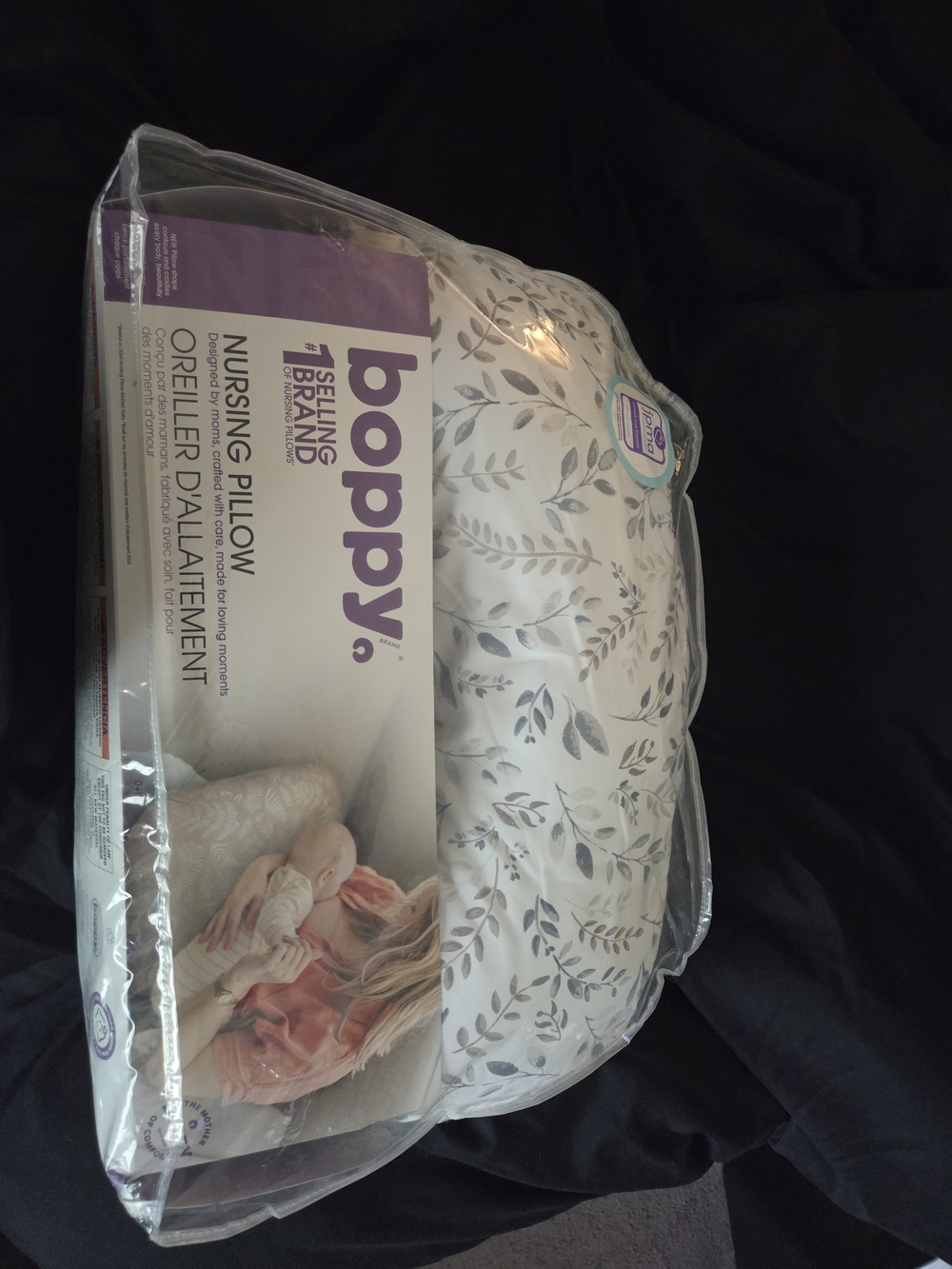 Boppy Nursing Pillow With Gray And Green Leaf Pattern